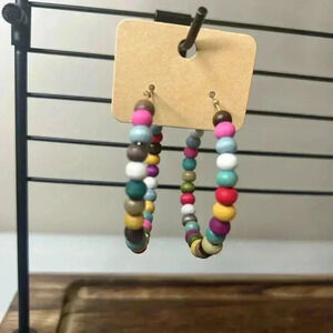 Boho Chic Gorgeous Colorful Wooden Bead Hoop Earrings NEW